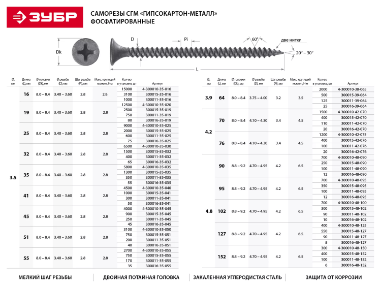 Саморезы фосфатированные с мелкой резьбой, гипсокартон-металл, ЗУБР 300016-48-127, PH2, 4,8 x 127 мм, 8 шт 300016-48-127 купить в Магнитогорске
