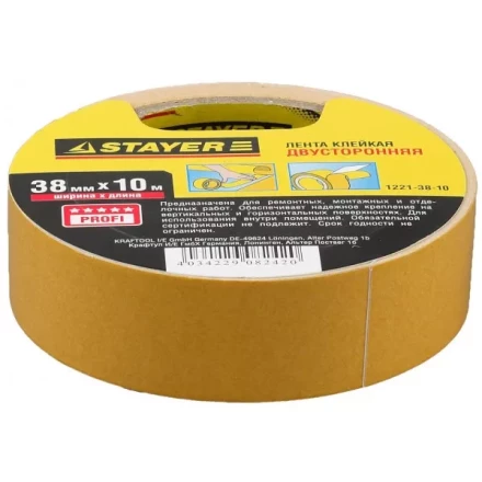 Двухсторонняя клейкая лента на полипропиленовой основе, STAYER 1221-38-10, 38мм х 10м 1221-38-10 купить в Магнитогорске