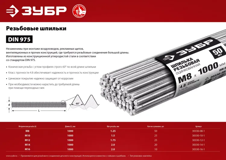 ЗУБР DIN 975, кл. пр. 4.8, М10 х 1000 мм, цинк, 25 шт, резьбовая шпилька (30330-10-1) купить в Магнитогорске