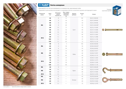ЗУБР М12 х 60 мм, 40 шт, анкерный болт с гайкой, Профессионал (302342-12-060) купить в Магнитогорске