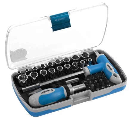 Набор ЗУБР Отвертка &quot;ЭКСПЕРТ&quot; реверс. с насадками, 2-хкомп. ручка, битодерж. с Т-образ. ручкой, в пласт.боксе, 38пред. 25289-H38 купить в Магнитогорске