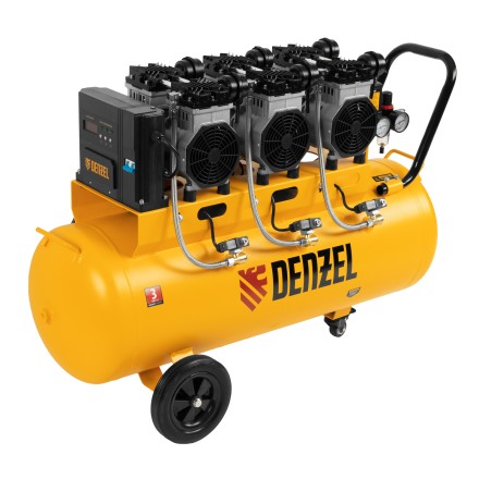 Компрессор безмасляный, малошумный Denzel DLS 3300/100, 3300 Вт,3x1100, 100 л, 570 л/мин ,блок управления купить в Магнитогорске