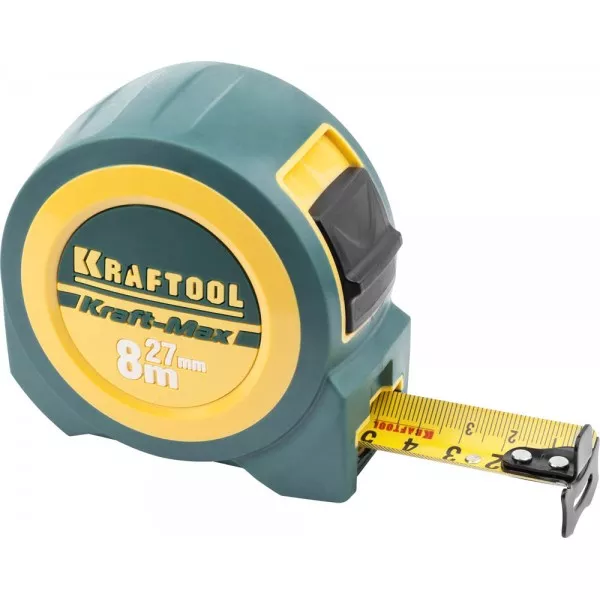Рулетка KRAFTOOL "Kraft-Max", длинный вылет, нейлон покрытие, упрочненный двухкомп корпус, 8м/27мм 34127-08-27 купить в Магнитогорске