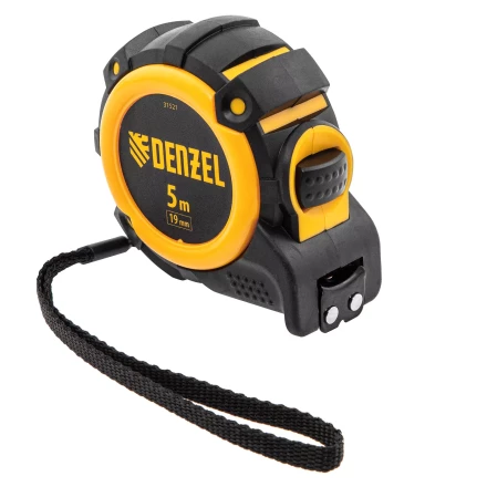 Рулетка Denzel 5м х 19мм, автоматич. фиксац., нейлон. покрытие, магнит. зацеп, двухстор. разметка, 31521 купить в Магнитогорске