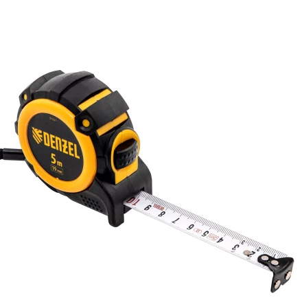 Рулетка Denzel 5м х 19мм, автоматич. фиксац., нейлон. покрытие, магнит. зацеп, двухстор. разметка, 31521 купить в Магнитогорске