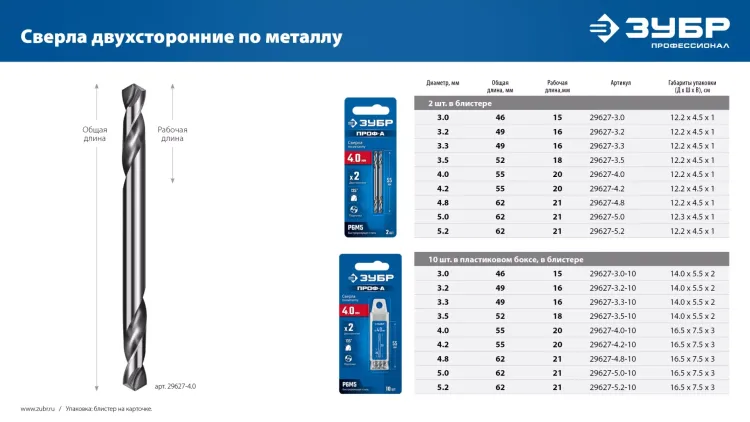 ЗУБР Профессионал 4.0х55мм, Сверло двухстороннее по металлу Проф-А, сталь Р6М5, класс А купить в Магнитогорске