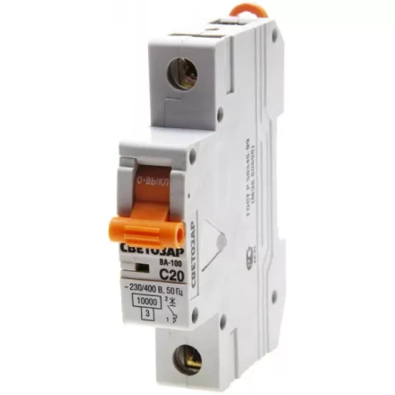 Выключатель автоматический СВЕТОЗАР 1-полюсный, 20 A, &quot;C&quot;, откл. сп. 10 кА, 230 / 400 В SV-49071-20-C купить в Магнитогорске