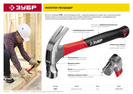 Молоток-гвоздодер ЗУБР &quot;МАСТЕР&quot;, боек c магнитом и фиберглассовой рукояткой, 450 г 20356-450 купить в Магнитогорске