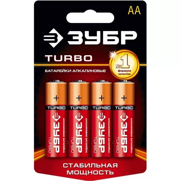 Батарейка Зубр "TURBO" щелочная (алкалиновая), тип AA, 1,5В, 4шт на карточке 59213-4C купить в Магнитогорске