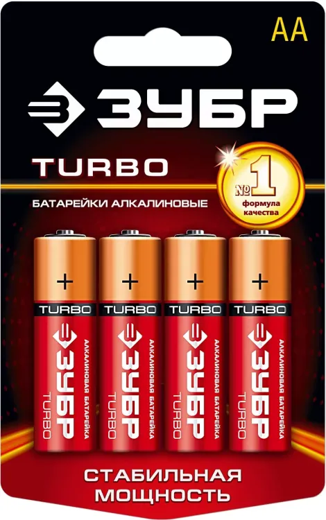 Батарейка Зубр "TURBO" щелочная (алкалиновая), тип AA, 1,5В, 4шт на карточке 59213-4C купить в Магнитогорске