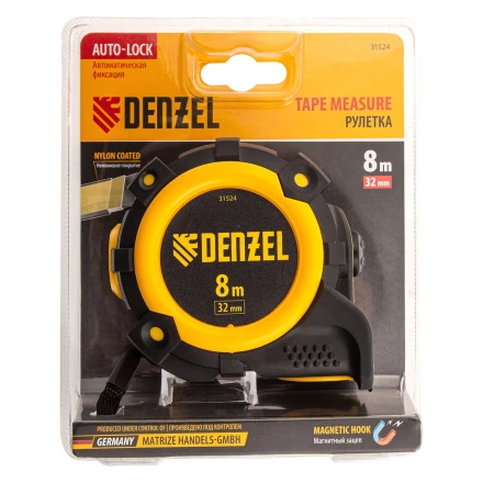 Рулетка Denzel 8м х 32мм, автоматич. фиксац., нейлон. покрытие, магнит. зацеп, двухстор. разметка, 31524 купить в Магнитогорске