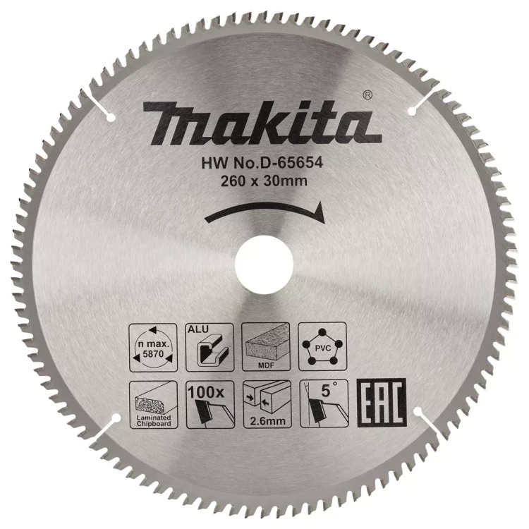 Диск пильный универсальный для алюминия/дерева/пластика Makita D-65654, 260x30x1.8 мм; 100 зубьев купить в Магнитогорске
