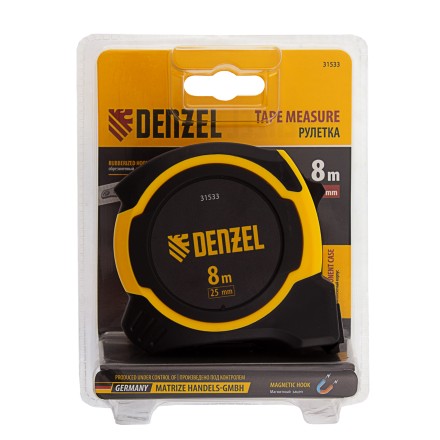 Рулетка Denzel 8м х 25мм, двухкомп. корпус, магнитный обрезиненный зацеп, 31533 купить в Магнитогорске