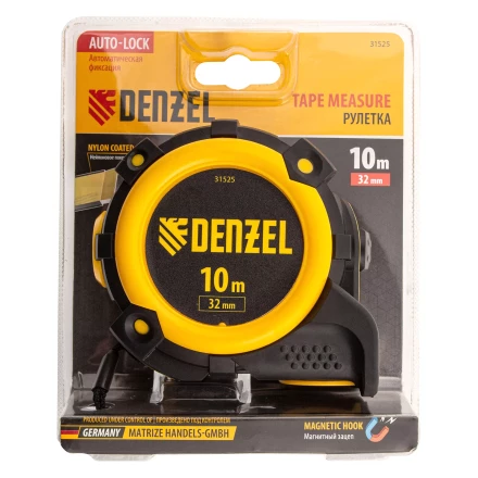 Рулетка Denzel 10м х 32мм, автоматич. фиксац., нейлон. покрытие, магнит. зацеп, двухстор. разметка, 31525 купить в Магнитогорске
