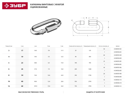 Карабин ЗУБР &quot;МАСТЕР&quot; винтовой с муфтой, оцинкованный, 10мм, 10 шт 4-304535-10 купить в Магнитогорске