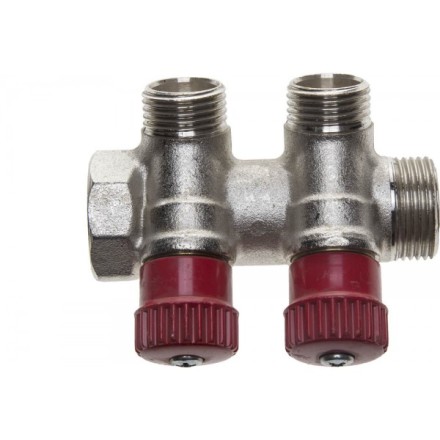 Коллектор GENERAL FITTINGS для горячей воды, вентили, никелированная латунь, вход 3/4&quot; - 2 выхода 1/2&quot; 51046-3/4-1/2-HT2 купить в Магнитогорске