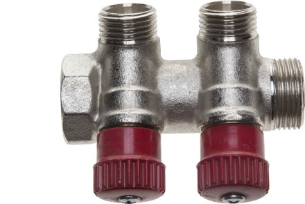Коллектор GENERAL FITTINGS для горячей воды, вентили, никелированная латунь, вход 3/4&quot; - 2 выхода 1/2&quot; 51046-3/4-1/2-HT2 купить в Магнитогорске