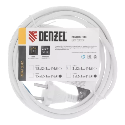 Шнур сетевой Denzel Energy Series, ПВС, 3 м, 2 x 1 мм, с неразборной вилкой, белый, 3 м, 37664 купить в Магнитогорске