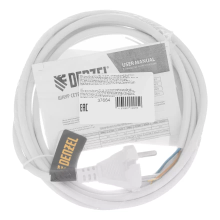 Шнур сетевой Denzel Energy Series, ПВС, 3 м, 2 x 1 мм, с неразборной вилкой, белый, 3 м, 37664 купить в Магнитогорске