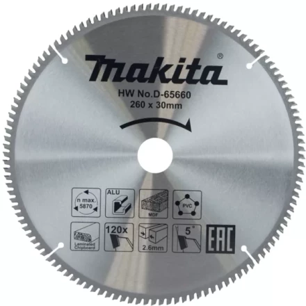 Диск пильный универсальный для алюминия/дерева/пластика Makita D-65660, 260x30x1.8 мм; 120 зубьев купить в Магнитогорске