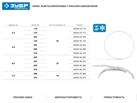 Кабельные стяжки белые КОБРА, с плоским замком, 3.6 х 370 мм, 50 шт, нейлоновые, ЗУБР 30930-36-370 купить в Магнитогорске