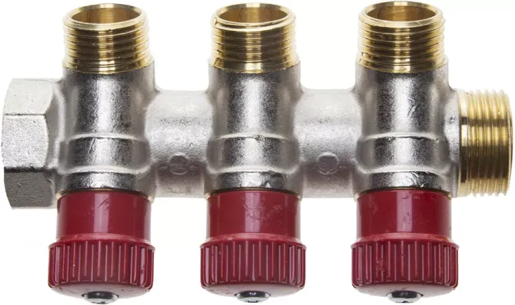 Коллектор GENERAL FITTINGS для горячей воды, вентили, никелированная латунь, вход 3/4" - 3 выхода 1/2" 51046-3/4-1/2-HT3 купить в Магнитогорске