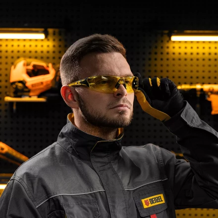 Очки защитные открытые Denzel 89192, поликарбонатные, желтая линза, 2х комп.дужки купить в Магнитогорске