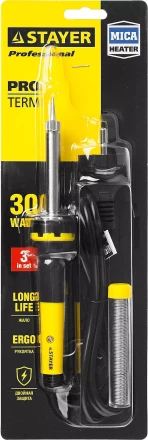 Паяльник с двухкомпонентной рукояткой и долговечным жалом, STAYER &quot;PROFI&quot; PROTerm, 55300-30, в комплекте (припой и подставка), 30 Вт, конус 55300-30 купить в Магнитогорске