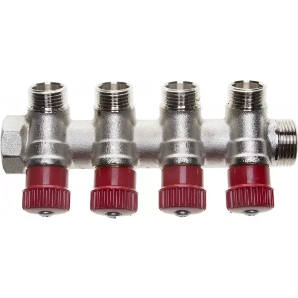 Коллектор GENERAL FITTINGS для горячей воды, вентили, никелированная латунь, вход 3/4" - 4 выхода 1/2" 51046-3/4-1/2-HT4 купить в Магнитогорске