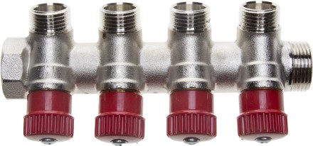 Коллектор GENERAL FITTINGS для горячей воды, вентили, никелированная латунь, вход 3/4&quot; - 4 выхода 1/2&quot; 51046-3/4-1/2-HT4 купить в Магнитогорске