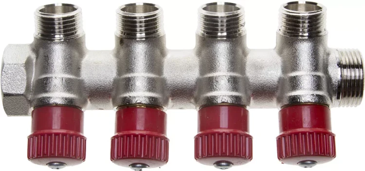 Коллектор GENERAL FITTINGS для горячей воды, вентили, никелированная латунь, вход 3/4" - 4 выхода 1/2" 51046-3/4-1/2-HT4 купить в Магнитогорске
