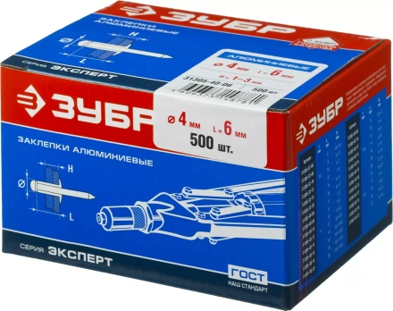 Заклепки ЗУБР алюминиевые, 4,0x 6мм, 500шт 31305-40-06 купить в Магнитогорске