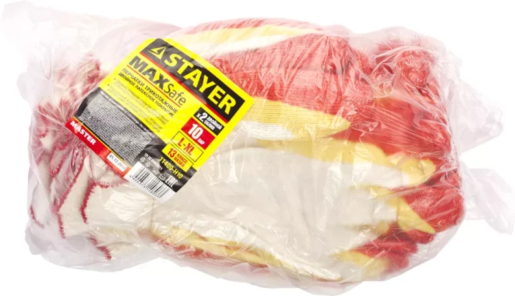 Перчатки STAYER "МASTER" MaxSafe трикотажные, двойная обливная ладонь из латекса, х/б, 13 класс, L-XL, 10 пар 11409-H10 купить в Магнитогорске