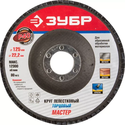 Круг шлифовальный ЗУБР &quot;ЭКСПЕРТ&quot; лепестковый торцевой, тип КЛТ 1, зерно-электрокорунд нормальный, P40, 125х22,2мм 36591-125-40 купить в Магнитогорске