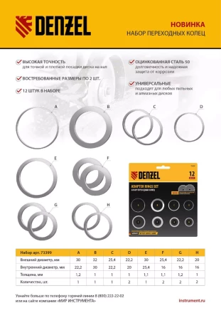 Кольца переходные 32х30, 30х25,4, 25,4х22.2, 22.2х20, 20х16, 30х22.2, 25.4х16, 22.2х16 мм. Denzel 73399 купить в Магнитогорске