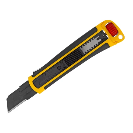 Нож, 25 мм, сменное лезвие, SK4, корпус из ABS + TPR, торцевой зажим Denzel 78908 купить в Магнитогорске