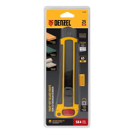 Нож, 25 мм, сменное лезвие, SK4, корпус из ABS + TPR, торцевой зажим Denzel 78908 купить в Магнитогорске