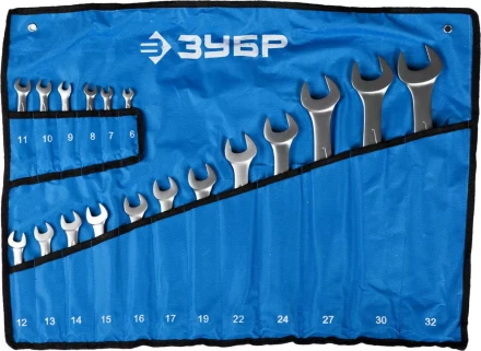 Набор ЗУБР &quot;ПРОФИ&quot;: Ключ гаечный комбинированный, Cr-V сталь, хромированный, 6-32мм, 18шт 27022-H18 купить в Магнитогорске