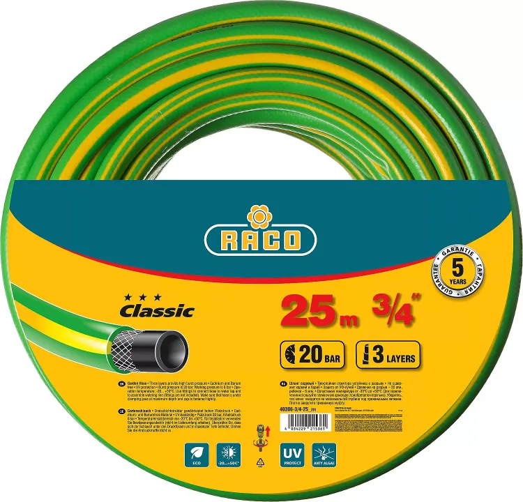 Шланг RACO CLASSIC поливочный, 20атм., армированный, 3-х слойный, 3/4"х25м 40306-3/4-25_z01 купить в Магнитогорске