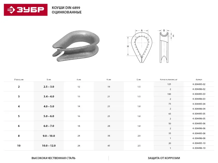Коуш ЗУБР DIN 6899, оцинкованный, 6мм, 2 шт 4-304496-06 купить в Магнитогорске