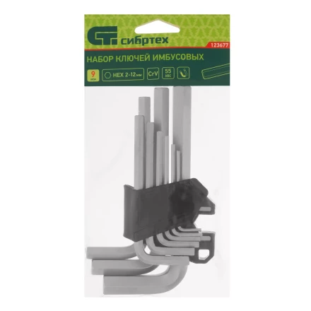 Набор ключей имбусовых, HEX, 2-12 мм, CrV, 9 шт. Сибртех 123677 купить в Магнитогорске