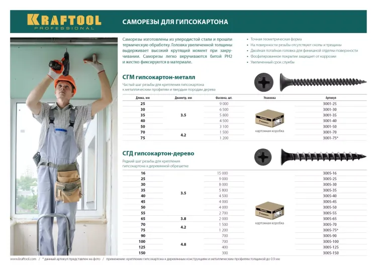 Саморезы СГД гипсокартон-дерево, 16 х 3.5 мм, 15 000 шт, фосфатированные, KRAFTOOL 3005-16 купить в Магнитогорске