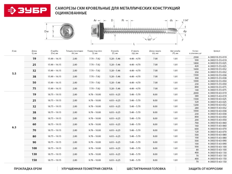 Саморезы ЗУБР "ПРОФЕССИОНАЛ" оцинков., для крепл. кров. матер. к металл. констр., 5.5x25мм, 420шт 4-300315-55-025 купить в Магнитогорске