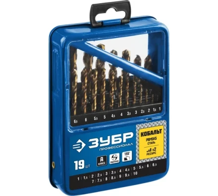ЗУБР Кобальт, 19 шт, (1-10 мм), сталь Р6М5К5, класс А, мет.бокс, набор сверл по металлу, Профессионал (29626-H19) купить в Магнитогорске