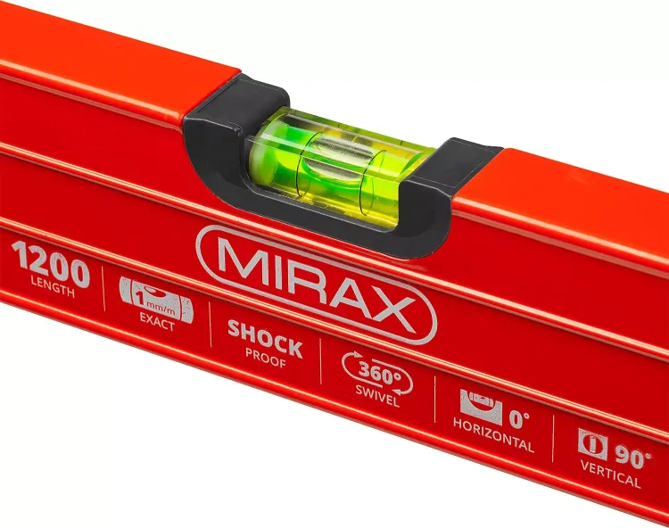 Уровень коробчатый усиленный MIRAX, утолщенный профиль, 3 противоударных ампулы (1 поворотная на 360 град), с ручками, 120 см 34603-120 купить в Магнитогорске