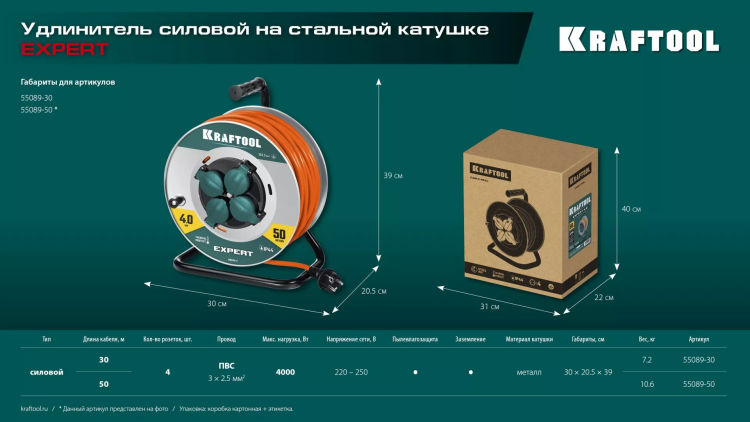 Силовые удлинители на стальной катушке  P-325, провод ПВС 3х2.5 мм2 55089-30 купить в Магнитогорске