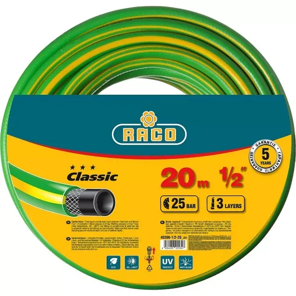 Шланг RACO CLASSIC поливочный, 25атм., армированный, 3-х слойный, 1/2"х20м 40306-1/2-20_z01 купить в Магнитогорске