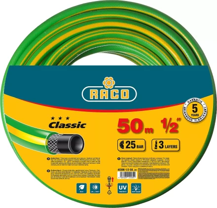 Шланг RACO CLASSIC поливочный, 25атм., армированный, 3-х слойный, 1/2&quot;х50м 40306-1/2-50_z01 купить в Магнитогорске