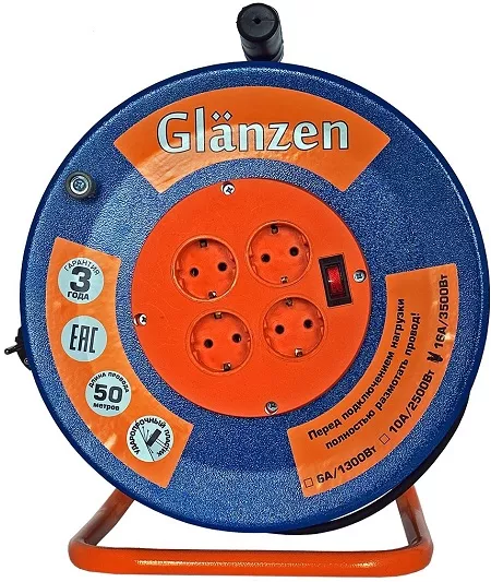 Удлинитель силовой на катушке GLANZEN 4 гн. КГ 3х1,5 ЕВ-50-009 купить в Магнитогорске