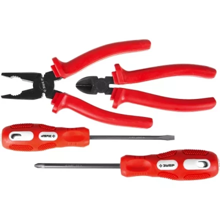 Набор слесарно-монтажного инструмента ЗУБР &quot;МАСТЕР&quot;: 2 отвертки, плоскогубцы и бокорезы, 4 предмета 22015-H4 купить в Магнитогорске